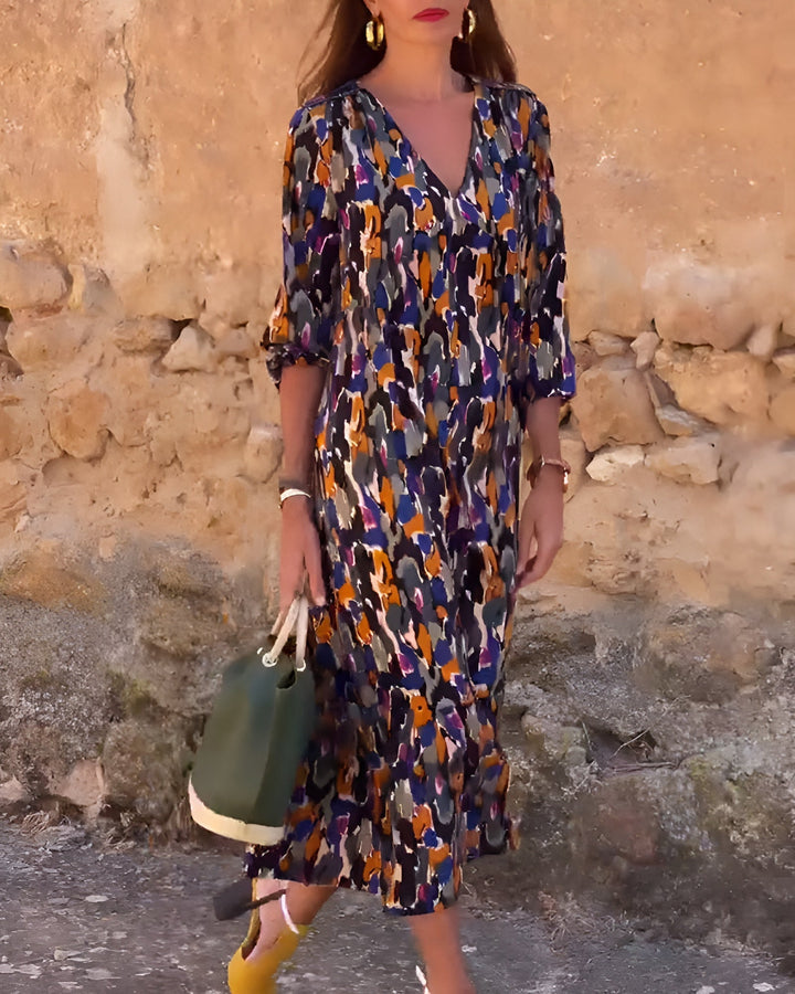 Nathalie | Retro Desenli V Yaka Elbise