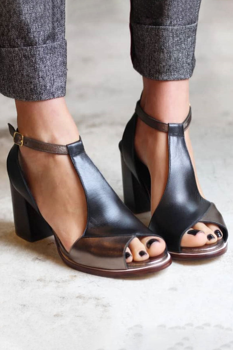 Nadaria | Topuklu siyah peep toe patchwork sandaletler