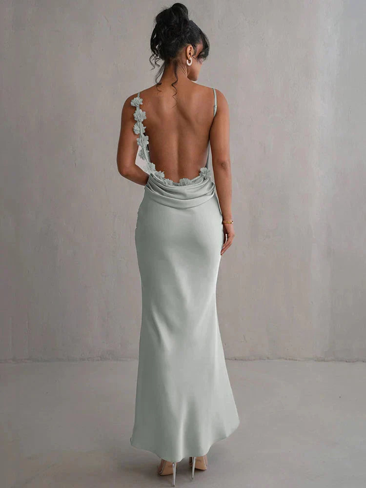 Lucy™ – Saten Çiçekli Maxi Elbise