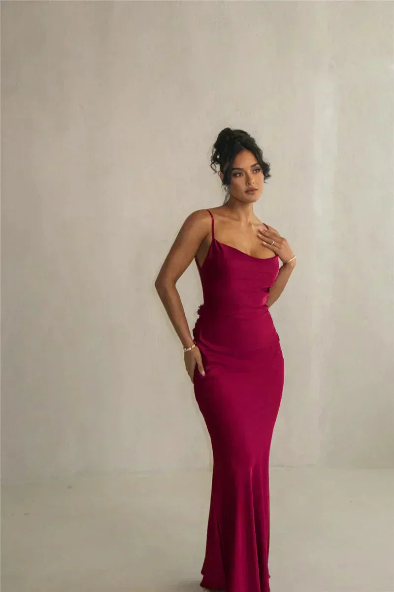 Lucy™ – Saten Çiçekli Maxi Elbise