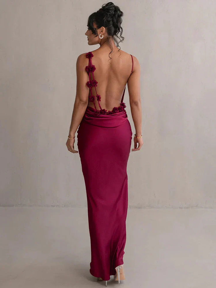 Lucy™ – Saten Çiçekli Maxi Elbise