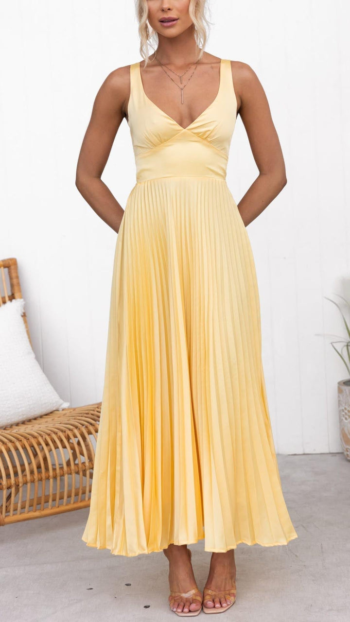 Abby™ – Plise V-Yaka Maxi Elbise