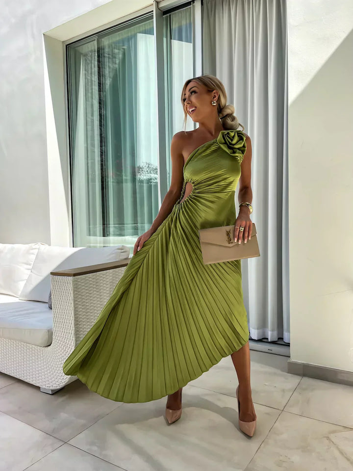 Lena™ – Tek Omuz Pileli Midi Elbise