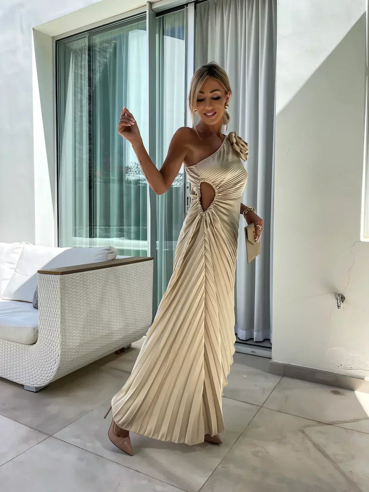 Lena™ – Tek Omuz Pileli Midi Elbise