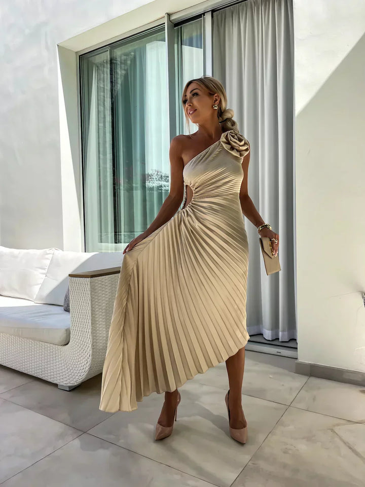 Lena™ – Tek Omuz Pileli Midi Elbise